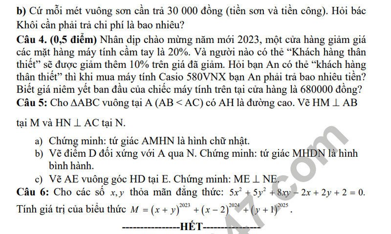 De tham khao ki 1 mon Toan lop 8 nam 2023 - THCS Le Minh Xuan