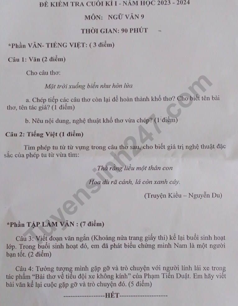 De thi ki 1 mon Van lop 9 - Tay Ninh 2023