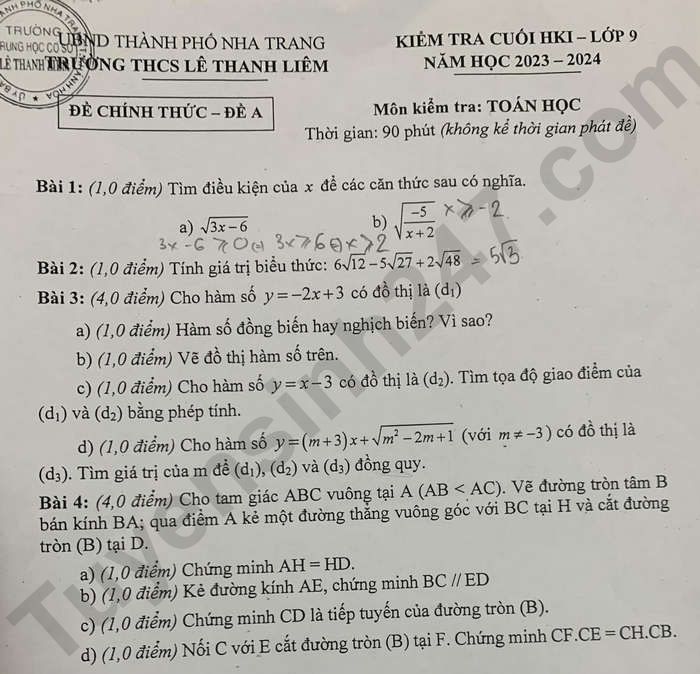 De thi ki 1 lop 9 mon Toan nam 2023 - THCS Le Thanh Liem