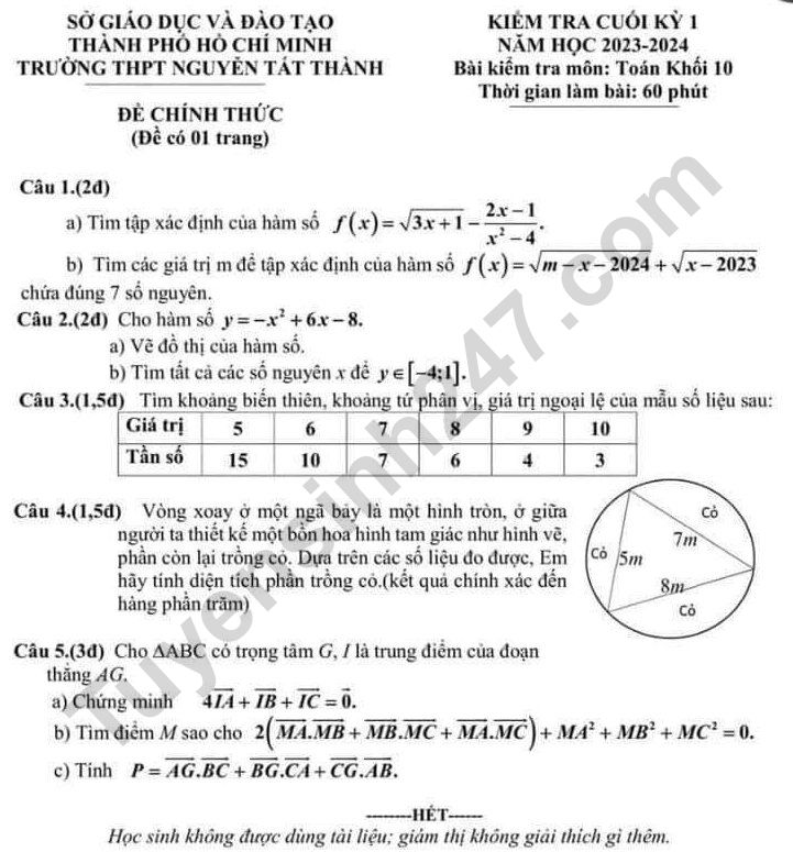 De thi ki 1 mon Toan lop 10 - THCS Nguyen Tat Thanh 2023