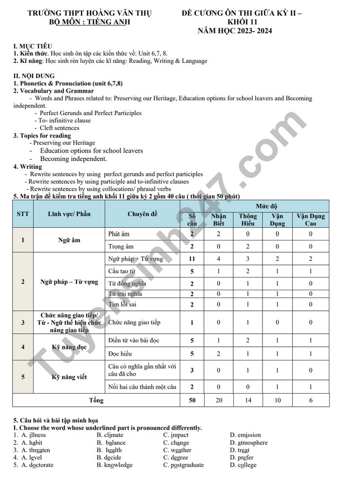 De cuong on tap giua ki 2 mon Anh lop 11 - THPT Hoang Van Thu 2024