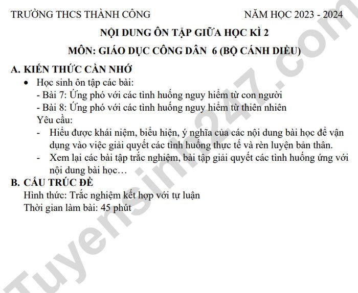 De cuong on tap giua ki 2 mon GDCD lop 6 - THCS Thanh Cong 2024