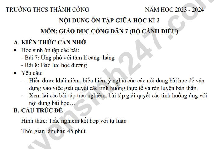 De cuong on tap giua ki 2 mon GDCD lop 7 nam 2024 - THCS Thanh Cong