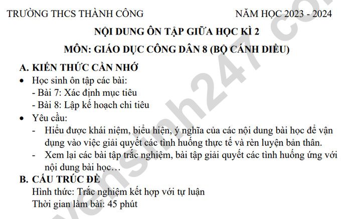 De cuong on tap giua ki 2 nam 2024 mon GDCD lop 8 - THCS Thanh Cong