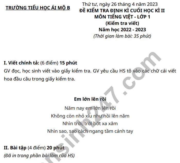 De thi ki 2 lop 1 mon Tieng Viet 2023 - TH Ai Mo B (Co dap an)
