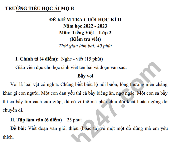 De thi ki 2 lop 2 mon Tieng Viet nam 2023 - TH Ai Mo B (Co dap an)