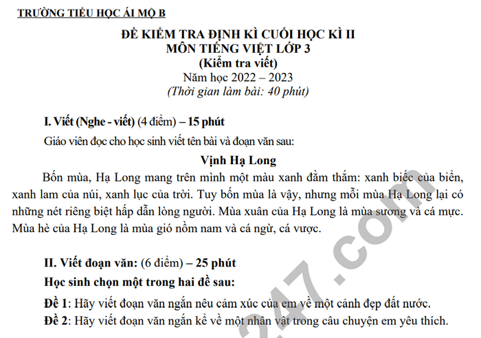 De thi hoc ki 2 lop 3 mon Tieng Viet - TH Ai Mo B nam 2023 (Co dap an)
