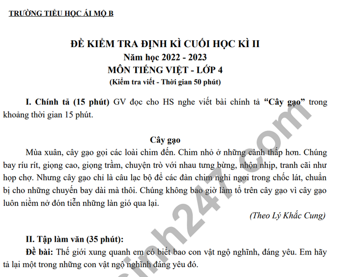 De thi ki 2 mon Tieng Viet lop 4 - TH Ai Mo B 2023 (Co dap an)