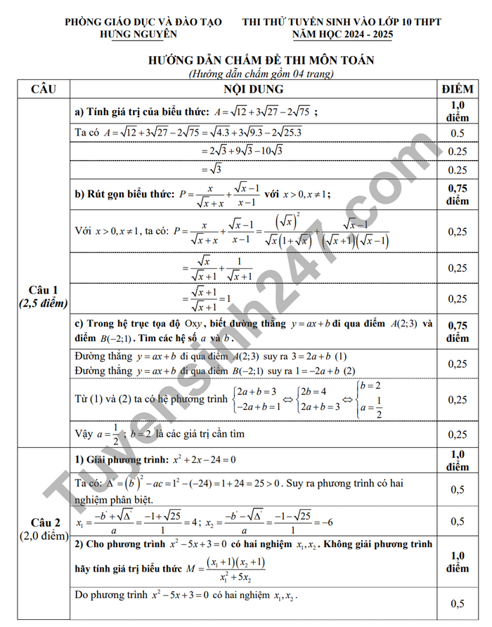 De thi thu vao lop 10 nam 2024 mon Toan - Huyen Hung Nguyen (Co dap an)