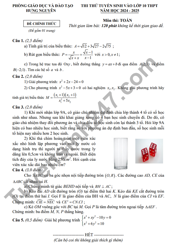 De thi thu vao lop 10 nam 2024 mon Toan - Huyen Hung Nguyen (Co dap an)