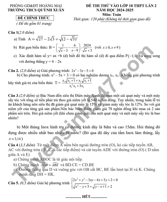 De thi thu vao lop 10 2024 lan 2 mon Toan - THCS Quynh Xuan (Co dap an)