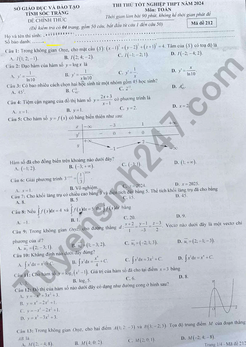 De thi thu tot nghiep THPT 2024 mon Toan - So GD Soc Trang