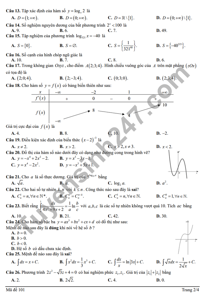 De thi thu tot nghiep THPT 2024 mon Toan - THPT Hoan Kiem - Hai Ba Trung (Co dap an)