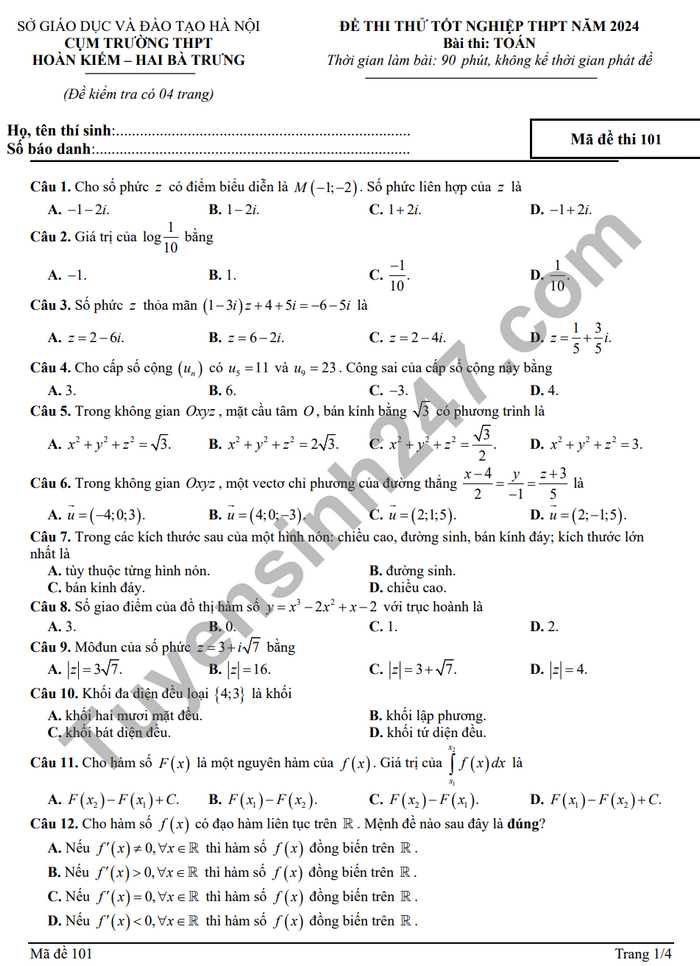De thi thu tot nghiep THPT 2024 mon Toan - THPT Hoan Kiem - Hai Ba Trung (Co dap an)