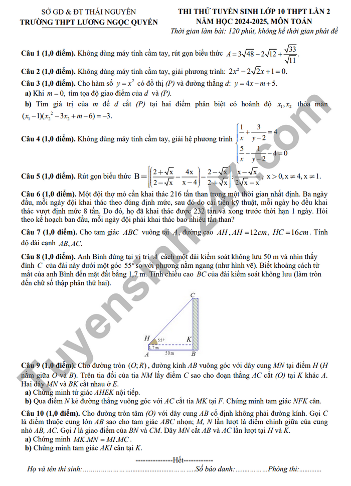 De thi thu vao lop 10 mon Toan 2024 - THPT Luong Ngoc Quyen lan 2 (Co dap an)