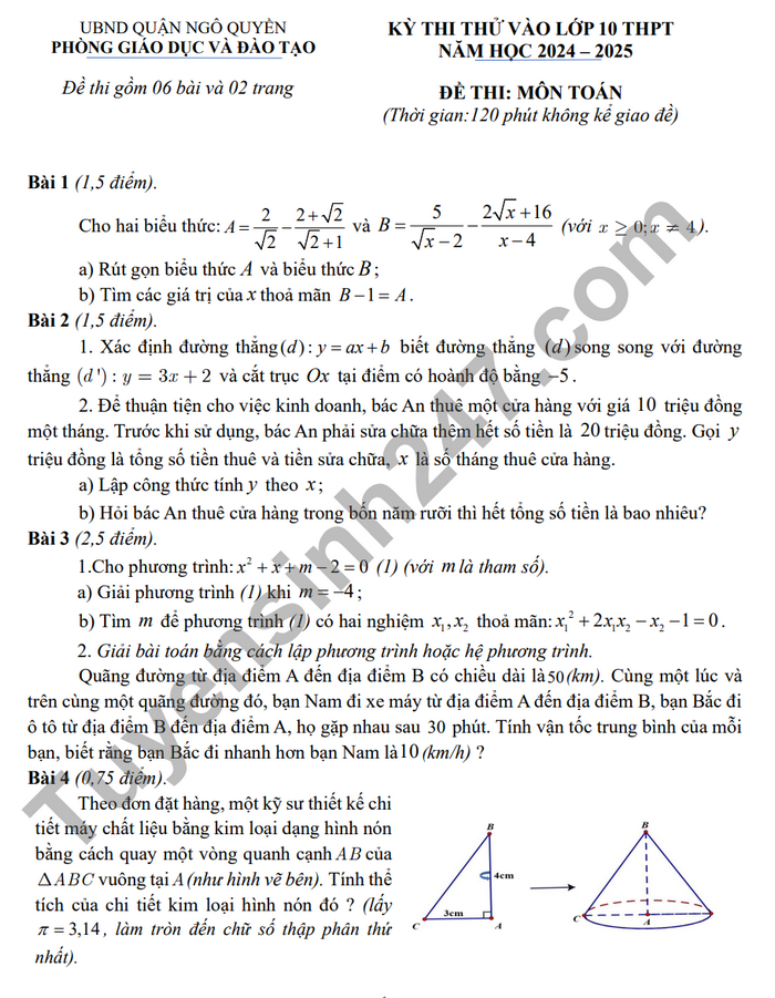 De thi thu vao lop 10 mon Toan 2024 - Quan Ngo Quyen (Co dap an)