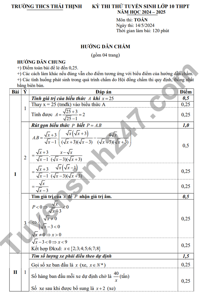 De thi thu vao lop 10 THCS Thai Thinh mon Toan 2024 (Co dap an)