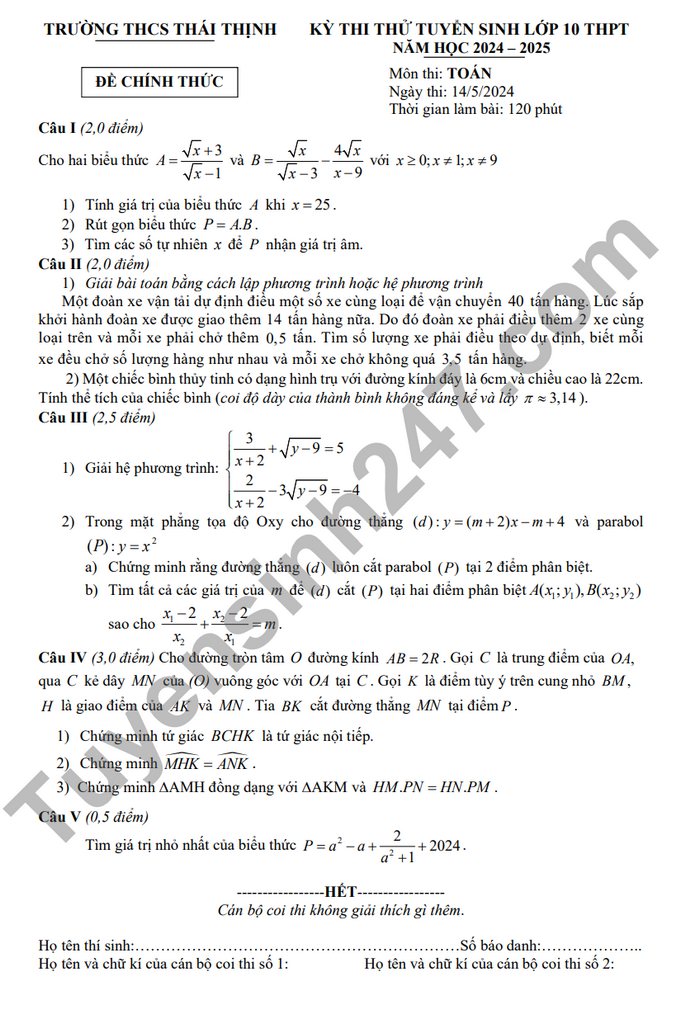 De thi thu vao lop 10 THCS Thai Thinh mon Toan 2024 (Co dap an)