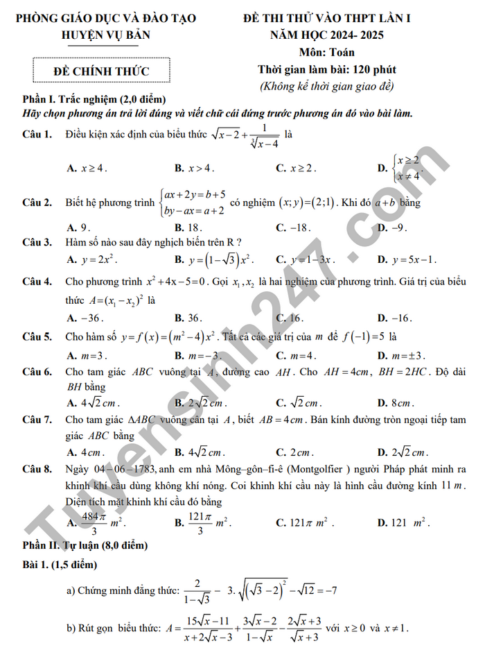 De thi thu vao lop 10 mon Toan 2024 - Huyen Vu Ban (Co dap an)