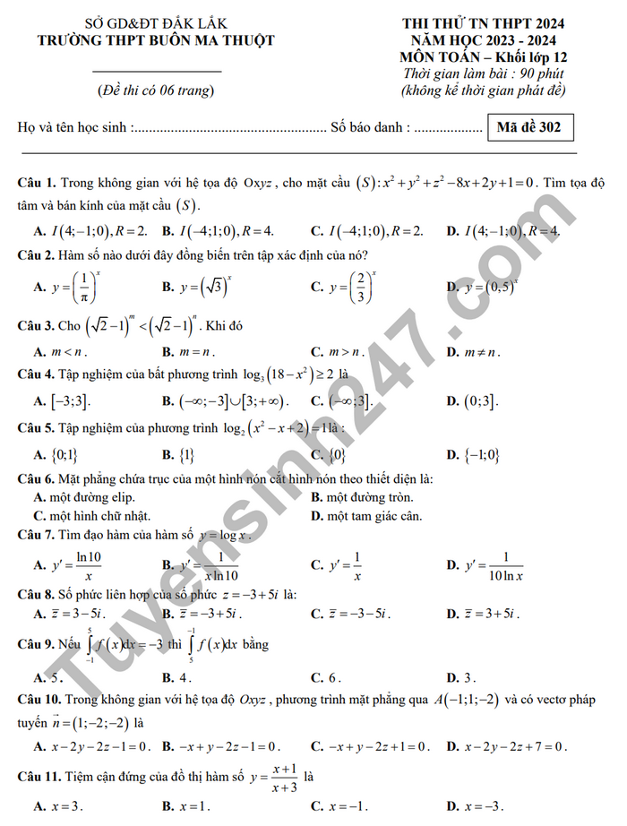 De thi thu tot nghiep THPT mon Toan nam 2024 THPT Buon Ma Thuot (co dap an)