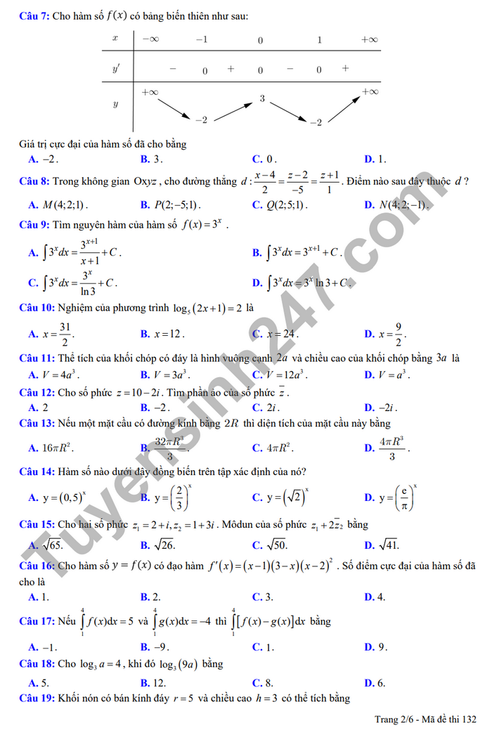 De thi thu mon Toan tot nghiep THPT 2024 - THPT Phan Dang Luu (co dap an)