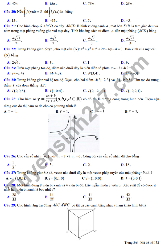 De thi thu mon Toan tot nghiep THPT 2024 - THPT Phan Dang Luu (co dap an)