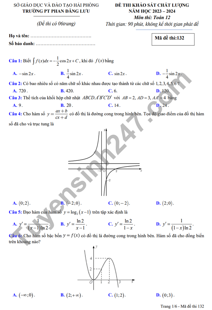 De thi thu mon Toan tot nghiep THPT 2024 - THPT Phan Dang Luu (co dap an)