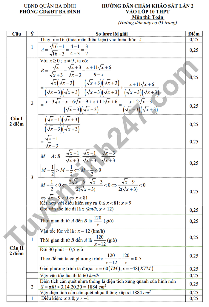 De thi thu vao lop 10 mon Toan 2024 - Quan Ba Dinh lan 2 (Co dap an)