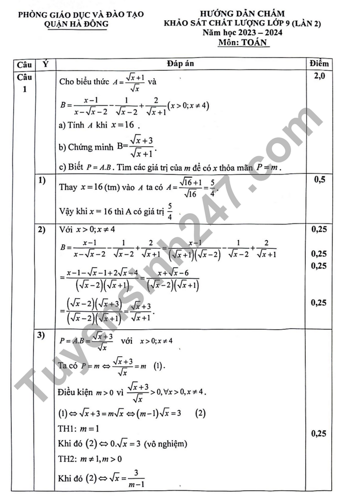De thi thu vao lop 10 mon Toan 2024 Quan Ha Dong lan 2 (co dap an)