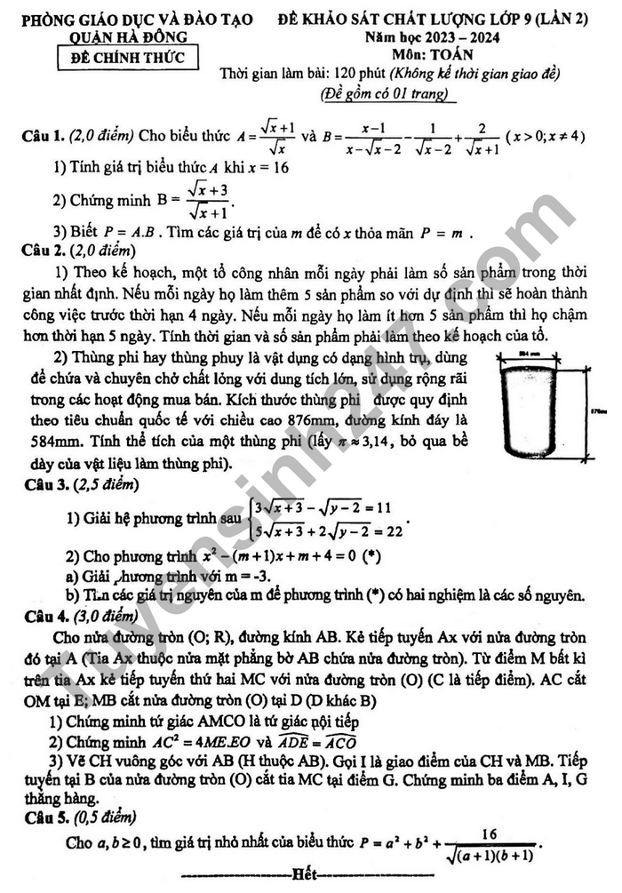 De thi thu vao lop 10 mon Toan 2024 Quan Ha Dong lan 2 (co dap an)