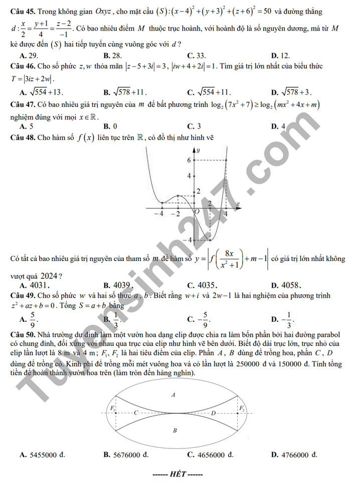 De thi thu tot nghiep THPT mon Toan 2024 THPT Ham Rong (co dap an)