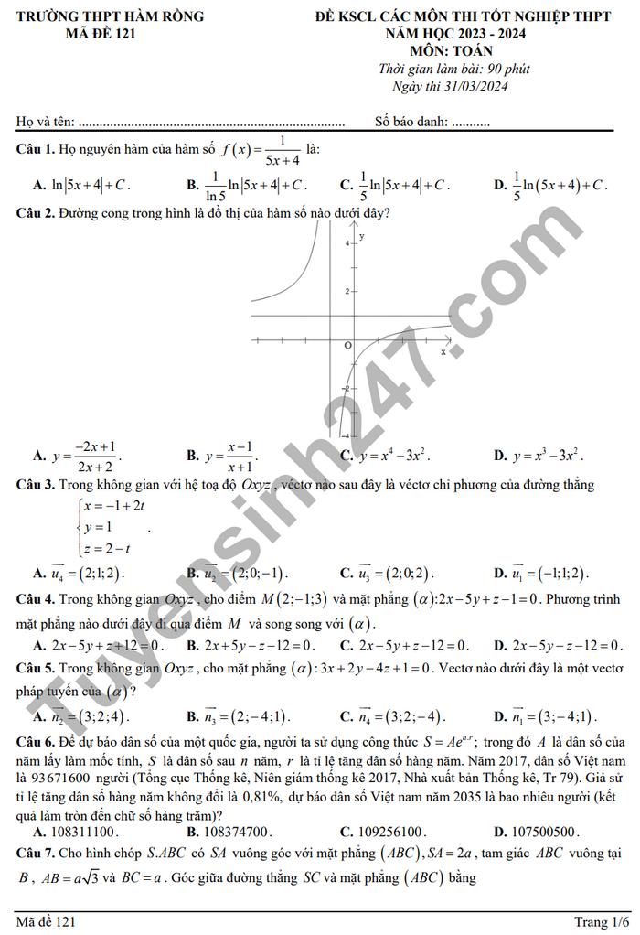 De thi thu tot nghiep THPT mon Toan 2024 THPT Ham Rong (co dap an)