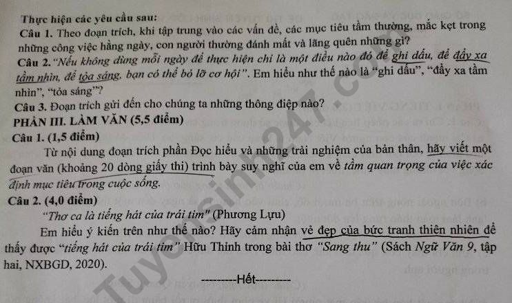 De thi vao lop 10 mon Van chung - THPT Chuyen Le Hong Phong 2024