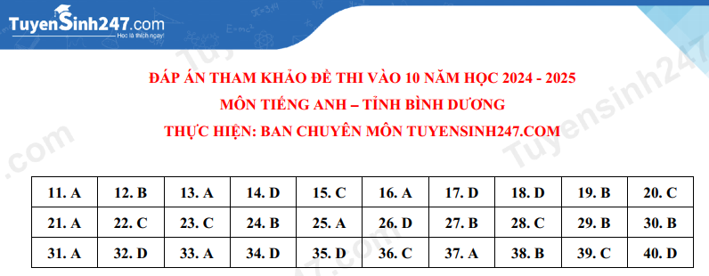 Dap an de thi vao lop 10 mon Anh - Binh Duong 2024