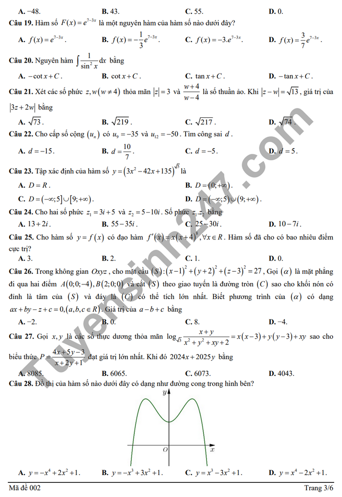 De thi thu tot nghiep THPT nam 2024 mon Toan - tinh Hung Yen lan 3 (co dap an)