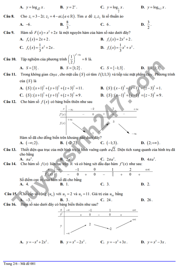 De thi thu tot nghiep THPT mon Toan - THPT A Nghia Hung 2024 lan 2 (co dap an)