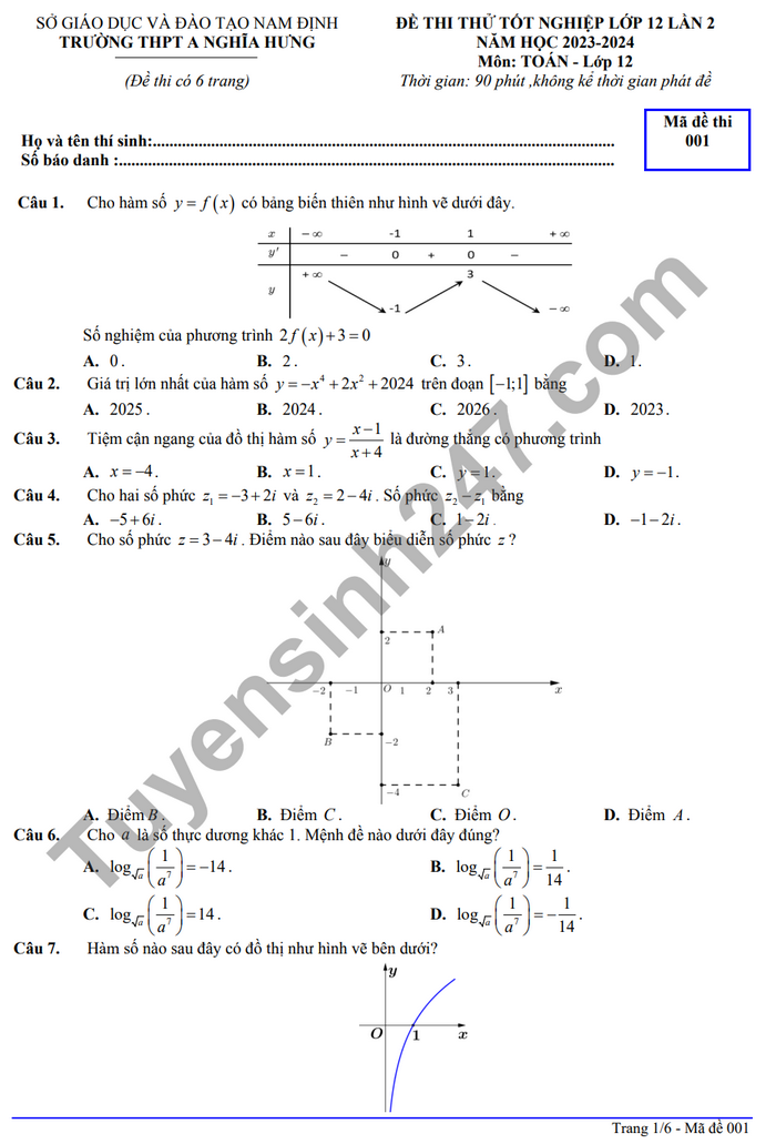 De thi thu tot nghiep THPT mon Toan - THPT A Nghia Hung 2024 lan 2 (co dap an)