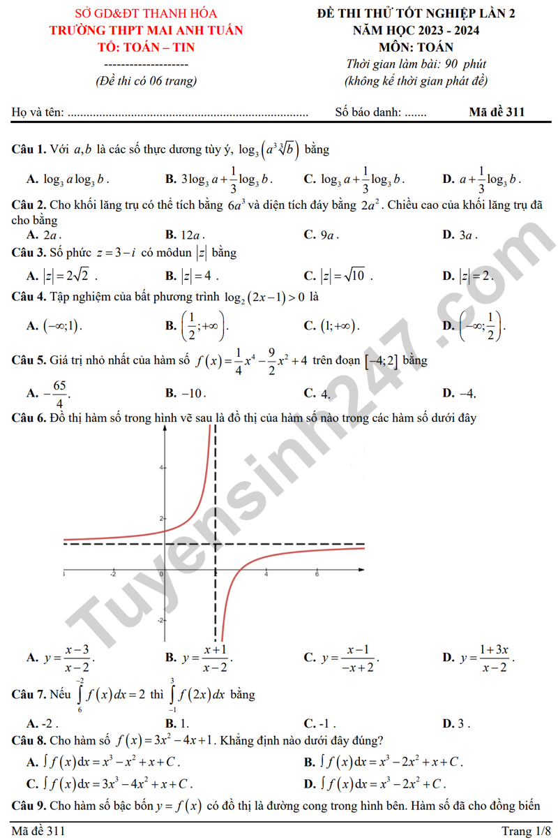 De thi thu tot nghiep THPT mon Toan - THPT Mai Anh Tuan 2024 lan 2