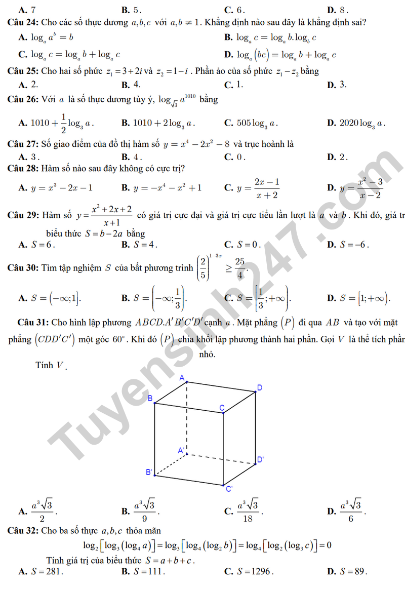 De thi thu tot nghiep THPT mon Toan - THPT Luong The Vinh 2024