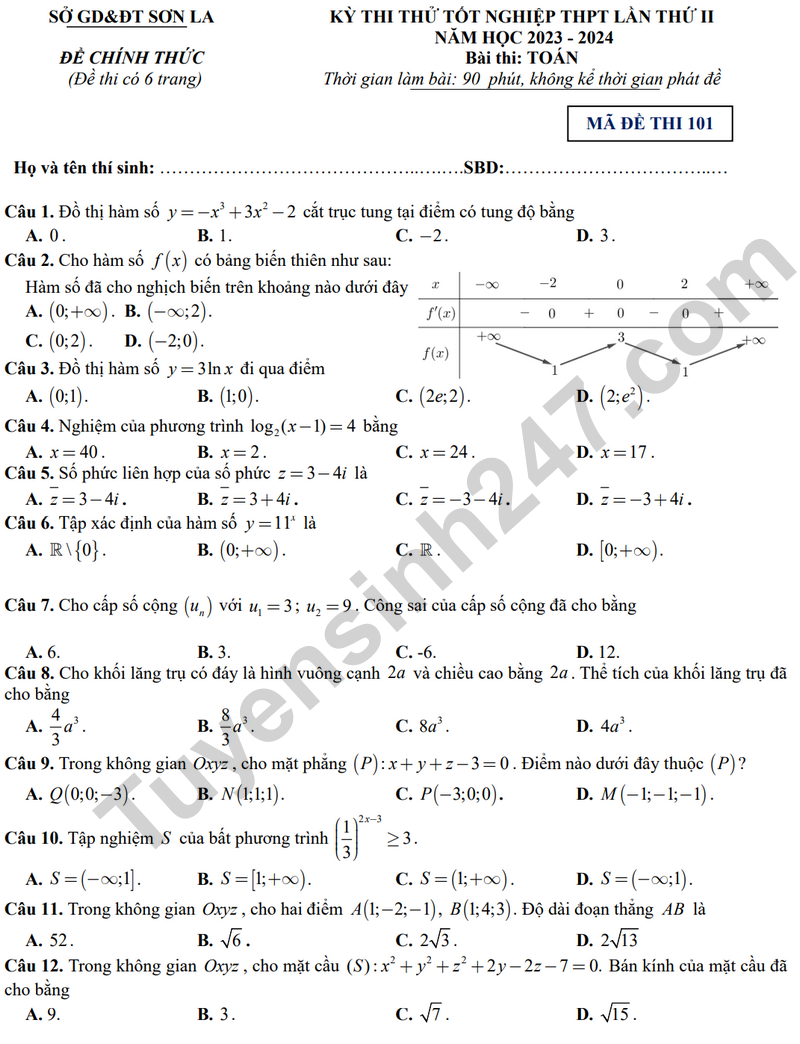De thi thu tot nghiep THPT mon Toan 2024 - Son La lan 2