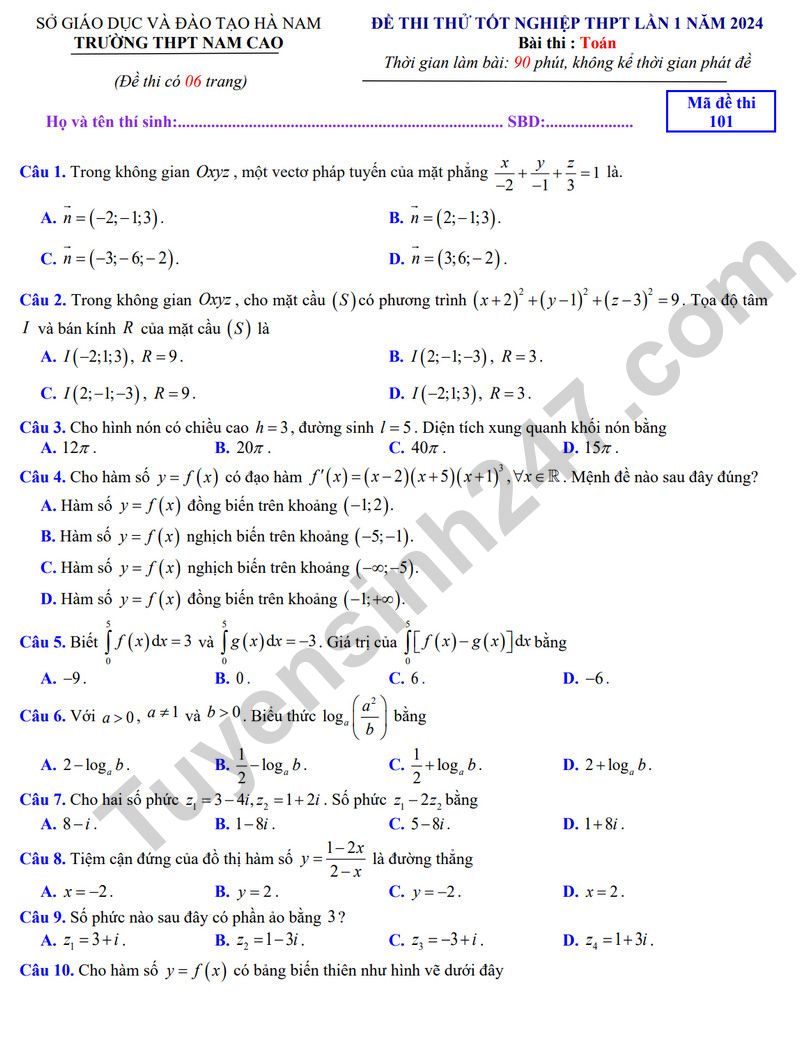 De thi thu tot nghiep THPT mon Toan 2024 - THPT Nam Cao lan 1