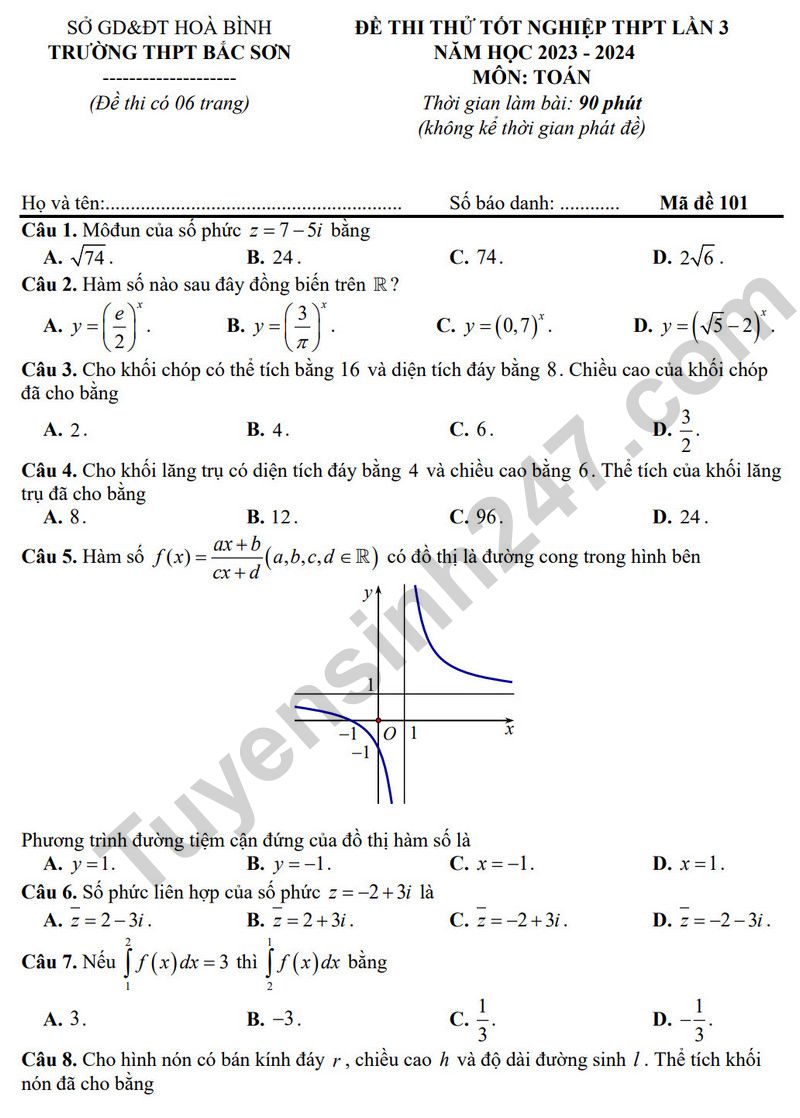 De thi thu tot nghiep THPT mon Toan 2024 - THPT Bac Son lan 3