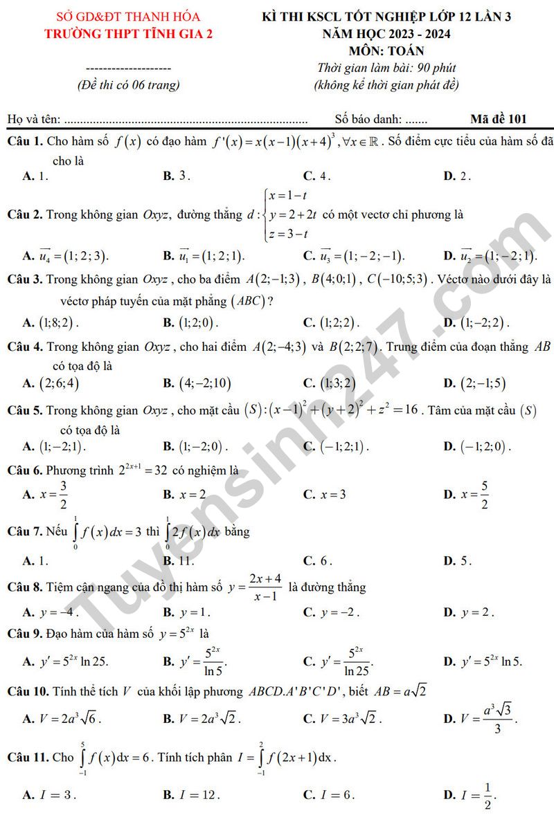 De thi thu tot nghiep THPT mon Toan 2024 - THPT Tinh Gia 2 lan 3
