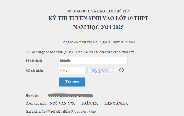 Da co diem thi vao lop 10 Phu Yen 2024