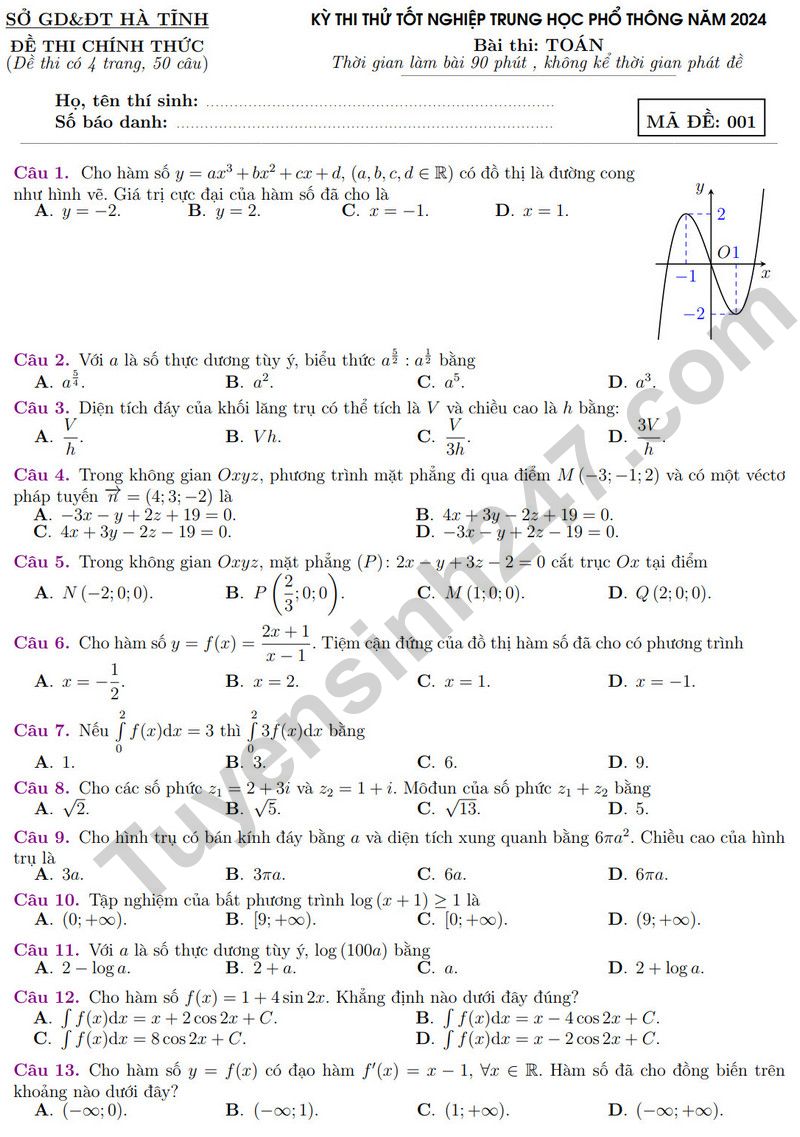 De thi thu tot nghiep THPT mon Toan - Ha Tinh 2024