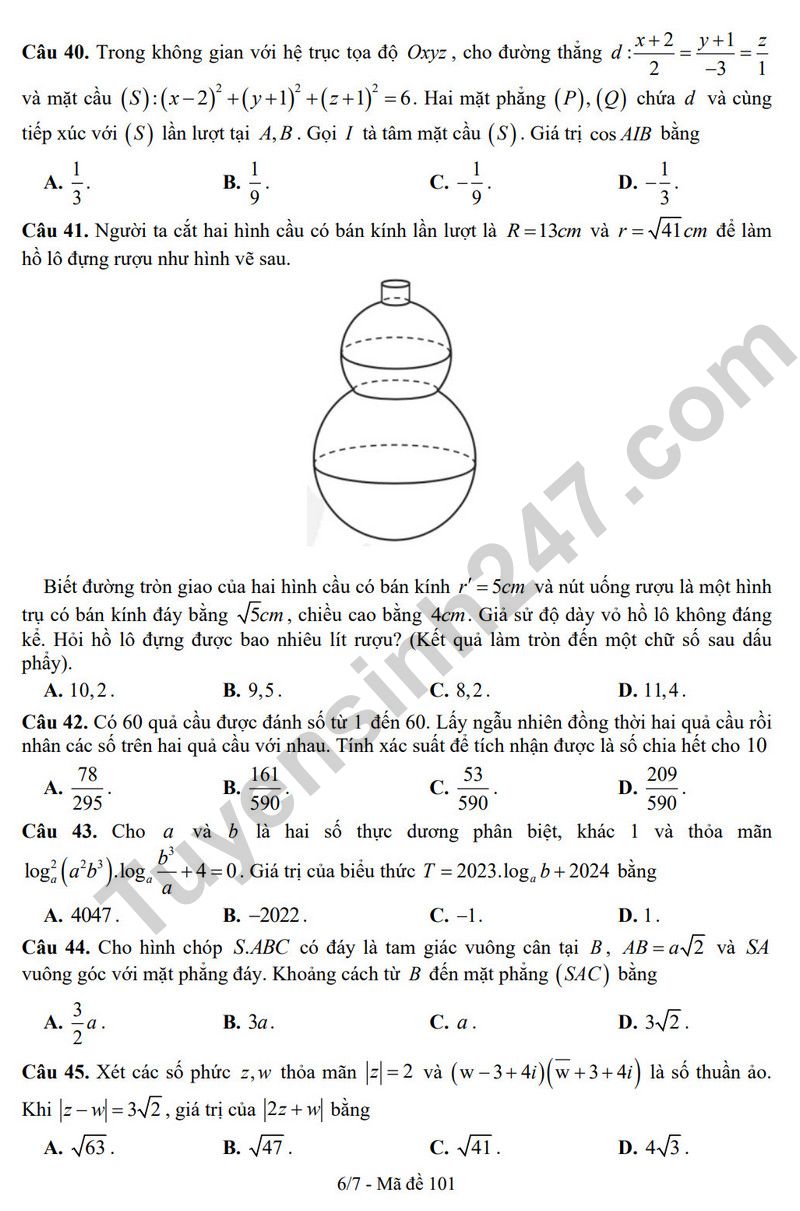 De thi thu tot nghiep THPT mon Toan - Tra Vinh 2024