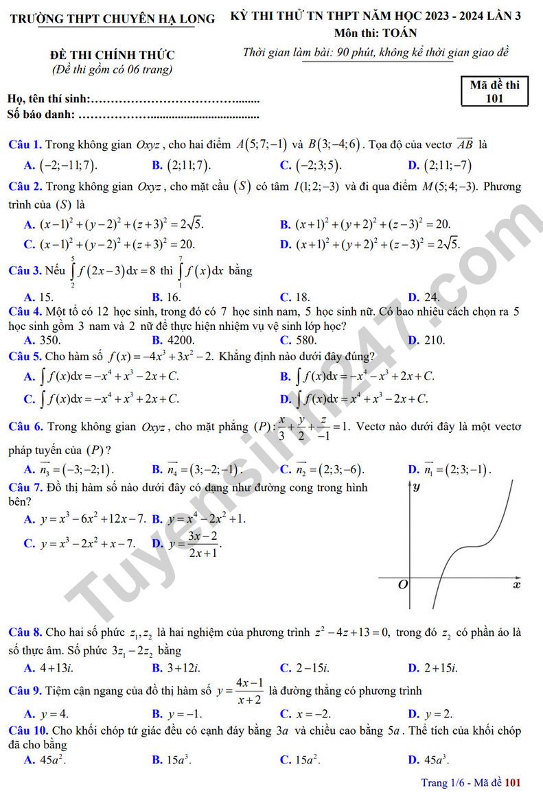 De thi thu tot nghiep THPT mon Toan 2024 - THPT chuyen Ha Long lan 3