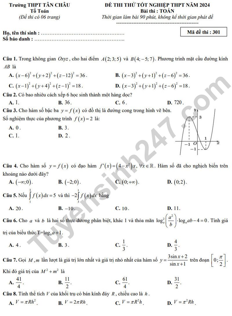 De thi thu tot nghiep THPT mon Toan - THPT Tan Chau 2024