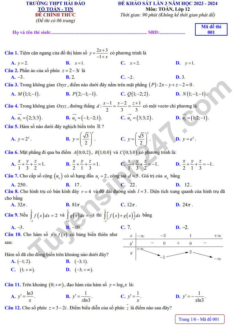 De thi thu tot nghiep THPT mon Toan 2024 - THPT Hai Dao lan 3