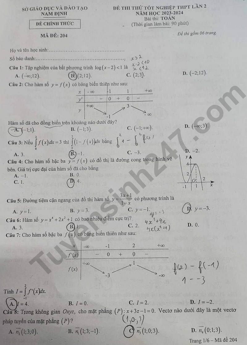 De thi thu tot nghiep THPT mon Toan 2024 - Nam Dinh lan 2